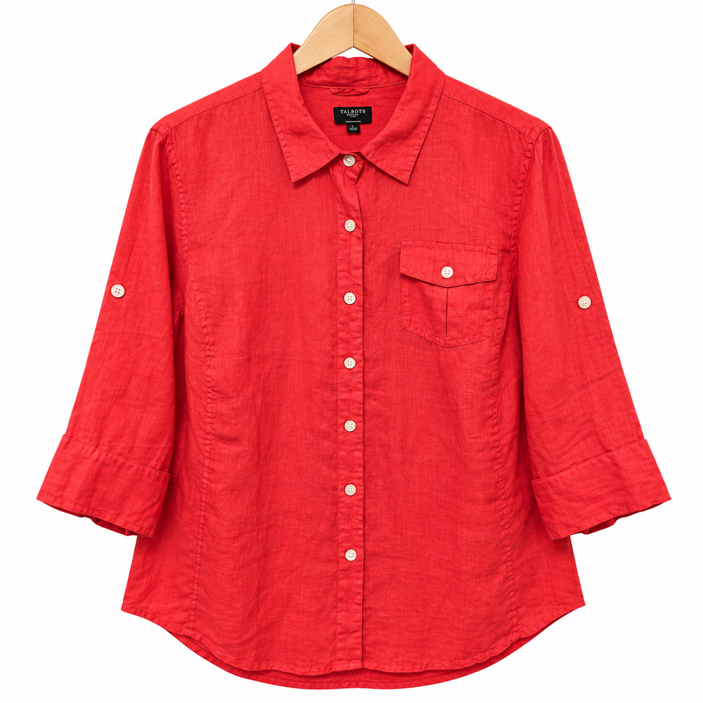Talbots Button Up Shirt Womens Plus Size 2X Red Linen Roll Tab 3/4 Sleeve NWT